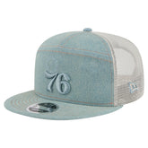 Philadelphia 76ers Adventure Denim Split Panel 9FIFTY Snapback Trucker Hat | New Era Near Me