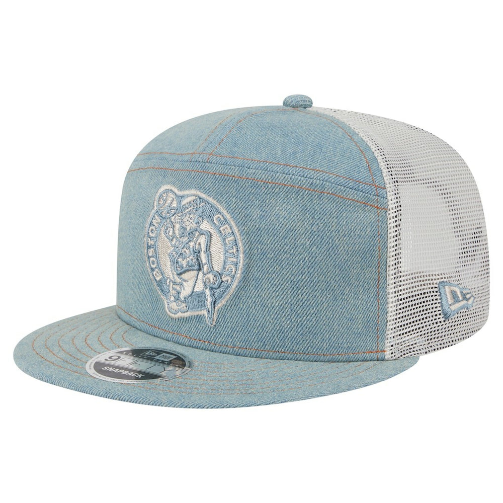 Boston Celtics Adventure Denim Split Panel 9FIFTY Snapback Trucker Hat | New Era discount