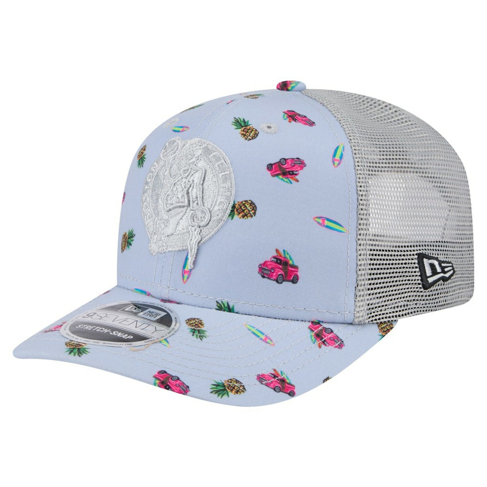 Boston Celtics Adventure Aloha Pattern 9SEVENTY Stretch-Snap Hat Light Blue/Gray | New Era Near Me