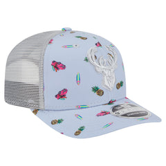 Milwaukee Bucks Adventure Aloha Pattern 9SEVENTY Stretch-Snap Hat Light Blue/Gray | New Era US