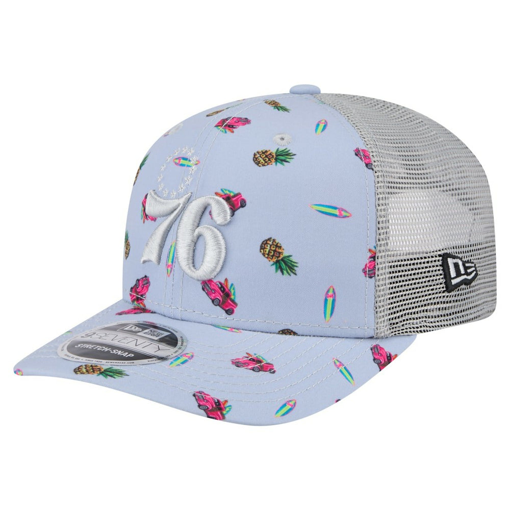 Philadelphia 76ers Adventure Aloha Pattern 9SEVENTY Stretch-Snap Hat Light Blue/Gray | New Era US