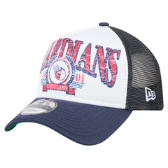 Cleveland Guardians New Era Distressed 9FORTY A-Frame Adjustable Trucker Hat - White/Navy - New Era Discount