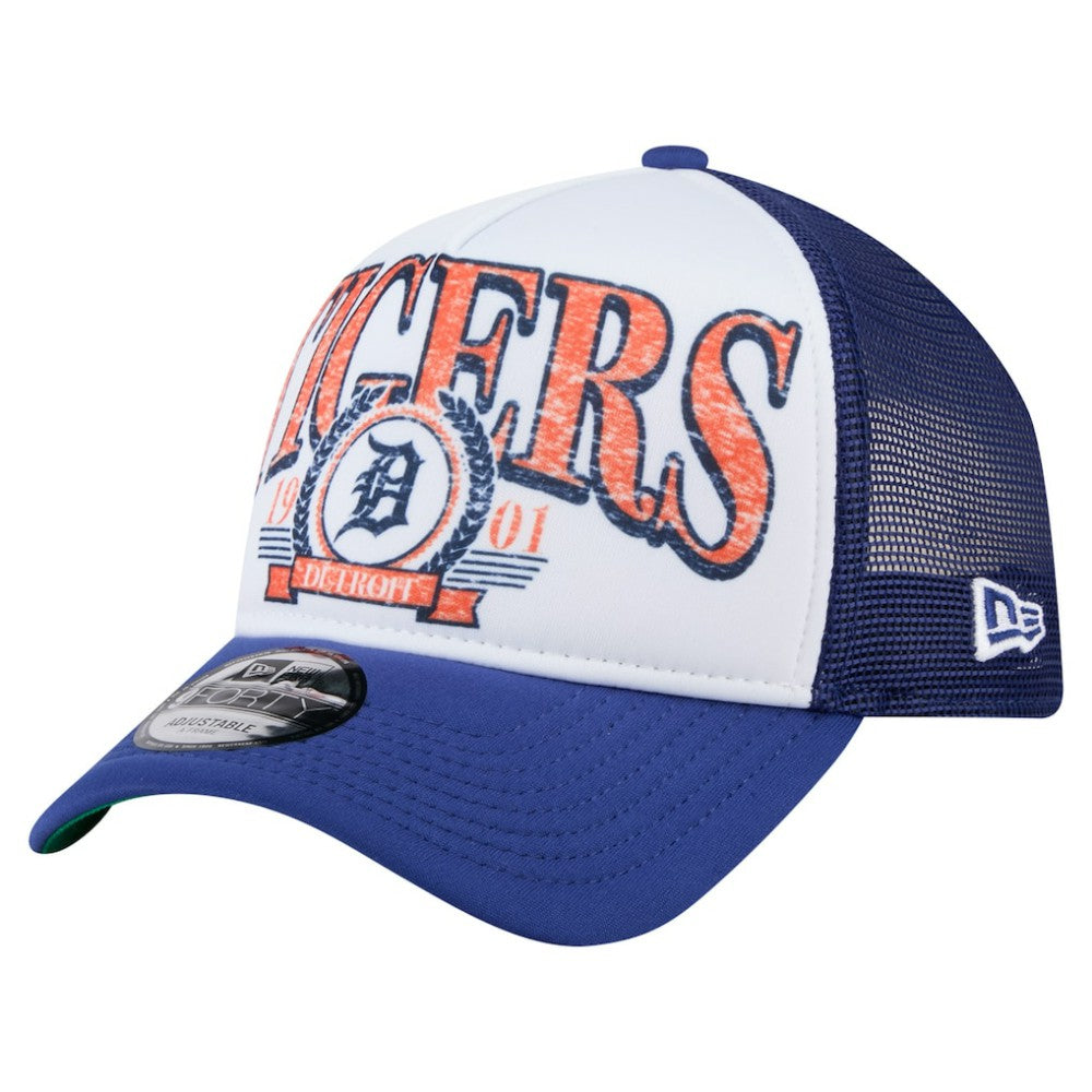 Detroit Tigers New Era Distressed 9FORTY A-Frame Adjustable Trucker Hat - White/Navy - New Era Discount