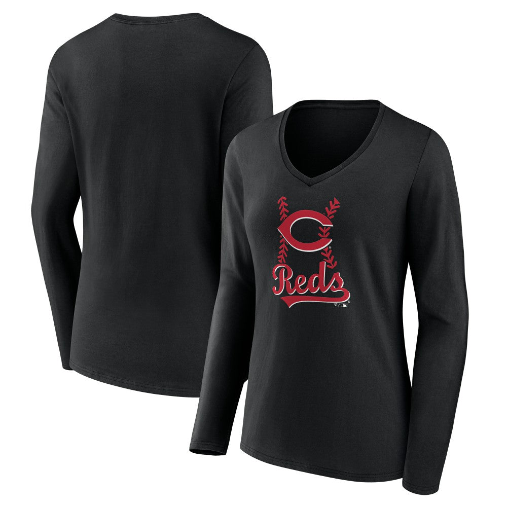 Cincinnati Reds Women's Fastball Long Sleeve V-Neck T-Shirt - Black - MLB Discount
