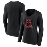 Cincinnati Reds Women's Fastball Long Sleeve V-Neck T-Shirt - Black - MLB Discount