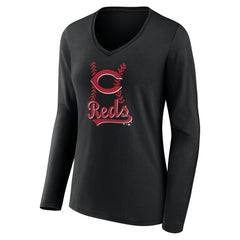 Cincinnati Reds Women's Fastball Long Sleeve V-Neck T-Shirt - Black - MLB Discount