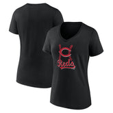 Cincinnati Reds Women's Fastball V-Neck T-Shirt - Black - MLB Sale