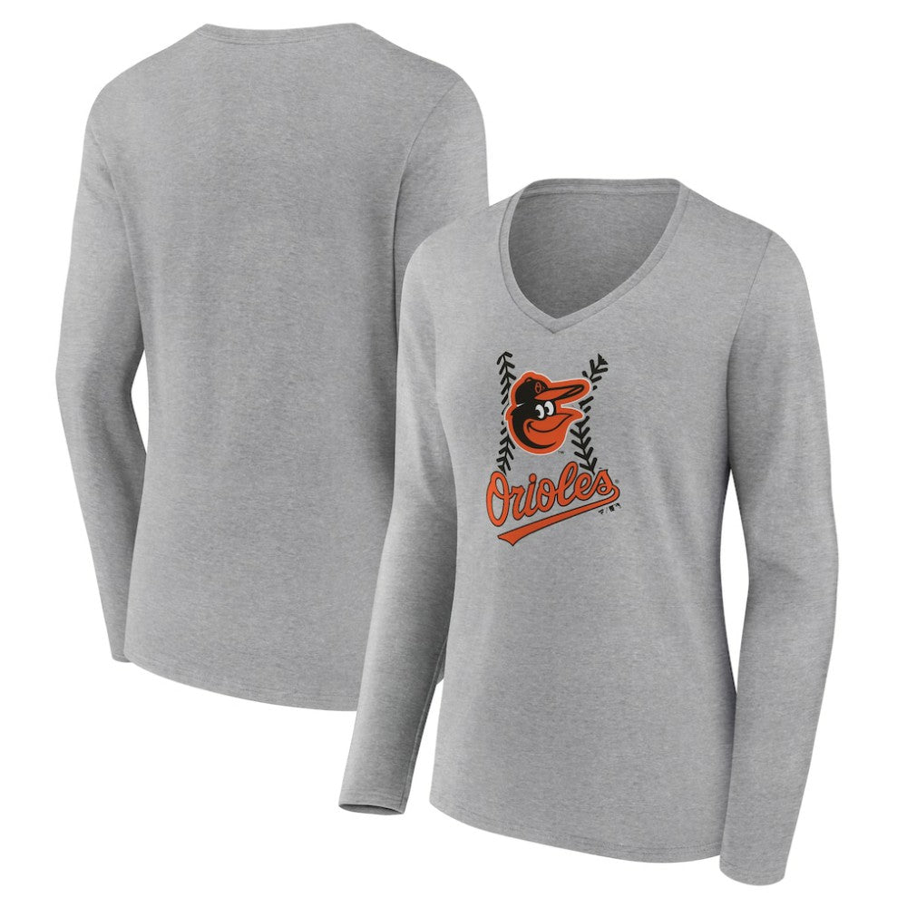 Baltimore Orioles Women's Fastball Long Sleeve V-Neck T-Shirt - Gray - MLB Lifestyle