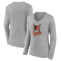 Baltimore Orioles Women's Fastball Long Sleeve V-Neck T-Shirt - Gray - MLB Lifestyle