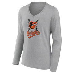 Baltimore Orioles Women's Fastball Long Sleeve V-Neck T-Shirt - Gray - MLB Lifestyle