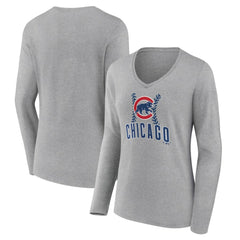Chicago Cubs Women's Fastball Long Sleeve V-Neck T-Shirt - Gray - MLB Sale