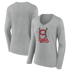 Cincinnati Reds Women's Fastball Long Sleeve V-Neck T-Shirt - Gray - MLB Online
