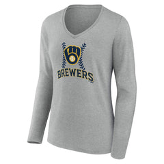 Milwaukee Brewers Women's Fastball Long Sleeve V-Neck T-Shirt - Gray - MLB Discount