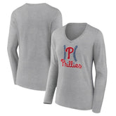 Philadelphia Phillies Women's Fastball Long Sleeve V-Neck T-Shirt - Gray - MLB Sale