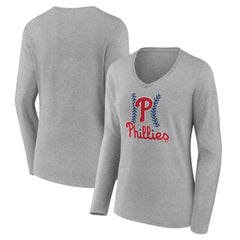 Philadelphia Phillies Women's Fastball Long Sleeve V-Neck T-Shirt - Gray - MLB Sale