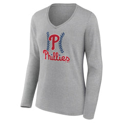 Philadelphia Phillies Women's Fastball Long Sleeve V-Neck T-Shirt - Gray - MLB Sale