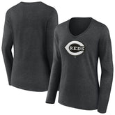 Cincinnati Reds Women's Monochrome Long Sleeve V-Neck T-Shirt - Charcoal - MLB Sale