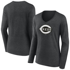 Cincinnati Reds Women's Monochrome Long Sleeve V-Neck T-Shirt - Charcoal - MLB Sale