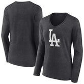 Los Angeles Dodgers Women's Monochrome Long Sleeve V-Neck T-Shirt - Charcoal - MLB Discount