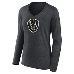 Milwaukee Brewers Women's Monochrome Long Sleeve V-Neck T-Shirt - Charcoal - MLB on Sale