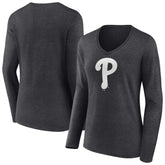 Philadelphia Phillies Women's Monochrome Long Sleeve V-Neck T-Shirt - Charcoal - MLB on Sale