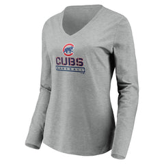 Chicago Cubs Women's Evanston Stencil Long Sleeve V-Neck T-Shirt - Gray - MLB Discount