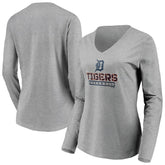 Detroit Tigers Women's Evanston Stencil Long Sleeve V-Neck T-Shirt - Gray - MLB Lifestyle