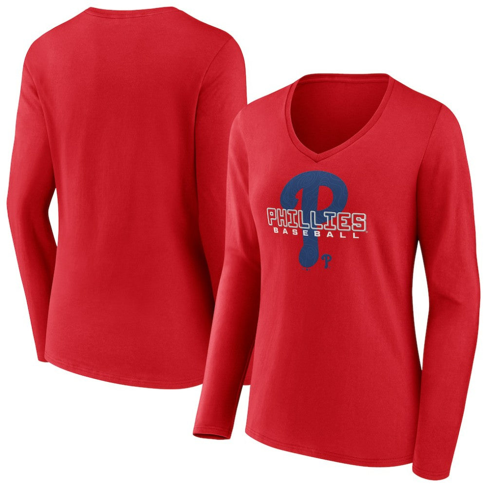 Philadelphia Phillies Women's Stellar Long Sleeve V-Neck T-Shirt - Red - MLB Discount