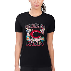 Cincinnati Reds G-III 4Her by Carl Banks Women's Super-Slim Fit Lightweight Flowers Graphic T-Shirt - Black - MLB Lifestyle