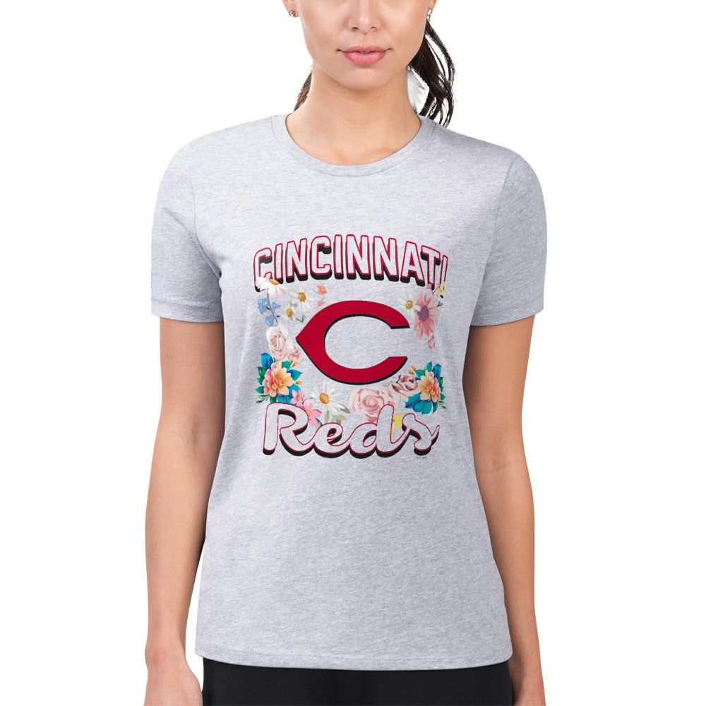 Cincinnati Reds G-III 4Her by Carl Banks Women's Super-Slim Fit Lightweight Flowers Graphic T-Shirt - Heather Gray - MLB Sale