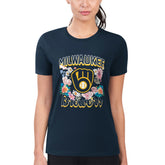 Milwaukee Brewers G-III 4Her by Carl Banks Women's Super-Slim Fit Lightweight Flowers Graphic T-Shirt - Navy - MLB Lifestyle