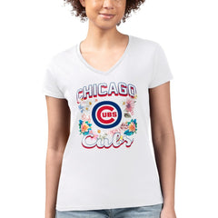 Chicago Cubs G-III 4Her by Carl Banks Women's Super-Slim Fit Lightweight Flowers Graphic V-Neck T-Shirt - White - MLB Online
