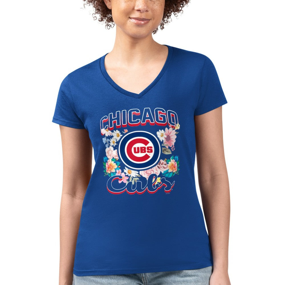 Chicago Cubs G-III 4Her by Carl Banks Women's Super-Slim Fit Lightweight Flowers Graphic V-Neck T-Shirt - Royal - MLB Online
