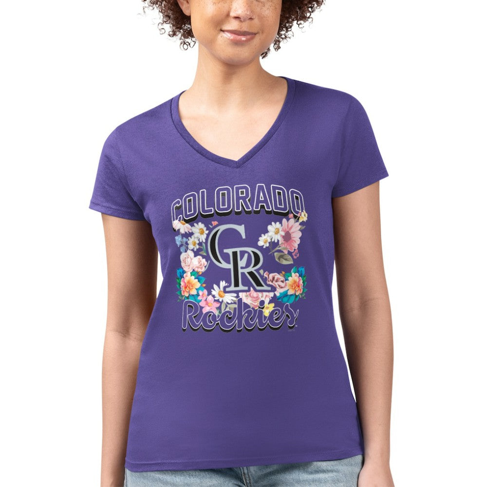 Colorado Rockies G-III 4Her by Carl Banks Women's Super-Slim Fit Lightweight Flowers Graphic V-Neck T-Shirt - Purple - MLB Sale