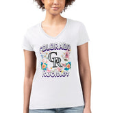 Colorado Rockies G-III 4Her by Carl Banks Women's Super-Slim Fit Lightweight Flowers Graphic V-Neck T-Shirt - White - MLB Lifestyle