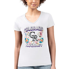Colorado Rockies G-III 4Her by Carl Banks Women's Super-Slim Fit Lightweight Flowers Graphic V-Neck T-Shirt - White - MLB Lifestyle
