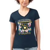 Milwaukee Brewers G-III 4Her by Carl Banks Women's Super-Slim Fit Lightweight Flowers Graphic V-Neck T-Shirt - Navy - MLB Lifestyle