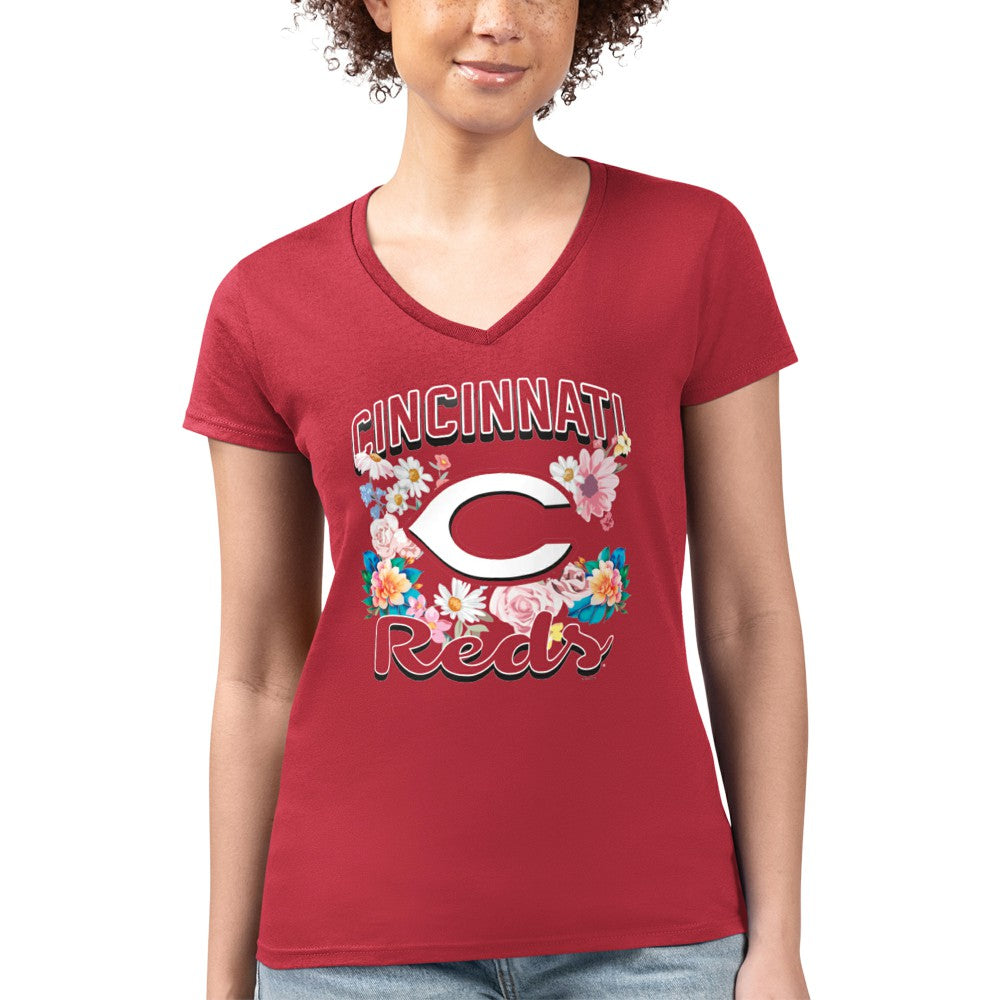 Cincinnati Reds G-III 4Her by Carl Banks Women's Super-Slim Fit Lightweight Flowers Graphic V-Neck T-Shirt - Red - MLB Sale