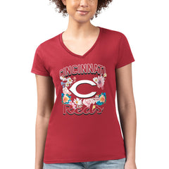 Cincinnati Reds G-III 4Her by Carl Banks Women's Super-Slim Fit Lightweight Flowers Graphic V-Neck T-Shirt - Red - MLB Sale