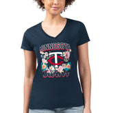Minnesota Twins G-III 4Her by Carl Banks Women's Super-Slim Fit Lightweight Flowers Graphic V-Neck T-Shirt - Navy - MLB Discount