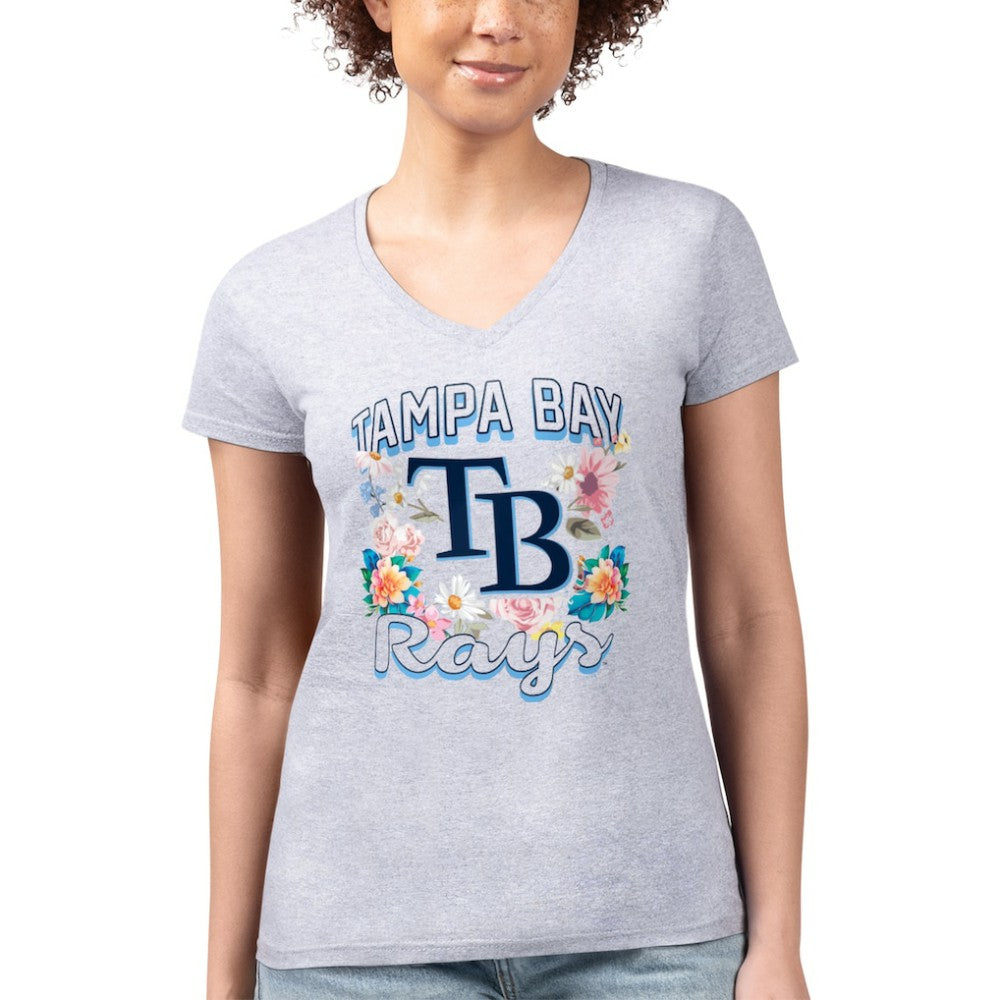Tampa Bay Rays G-III 4Her by Carl Banks Women's Super-Slim Fit Lightweight Flowers Graphic V-Neck T-Shirt - Heather Gray - MLB Lifestyle