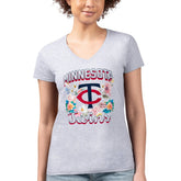 Minnesota Twins G-III 4Her by Carl Banks Women's Super-Slim Fit Lightweight Flowers Graphic V-Neck T-Shirt - Heather Gray - MLB Lifestyle