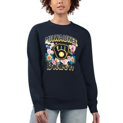 Milwaukee Brewers G-III 4Her by Carl Banks Women's Flowers Graphic Pullover Sweatshirt - Navy - MLB on Sale