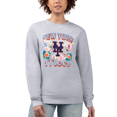 New York Mets G-III 4Her by Carl Banks Women's Flowers Graphic Pullover Sweatshirt - Heather Gray - MLB Sale