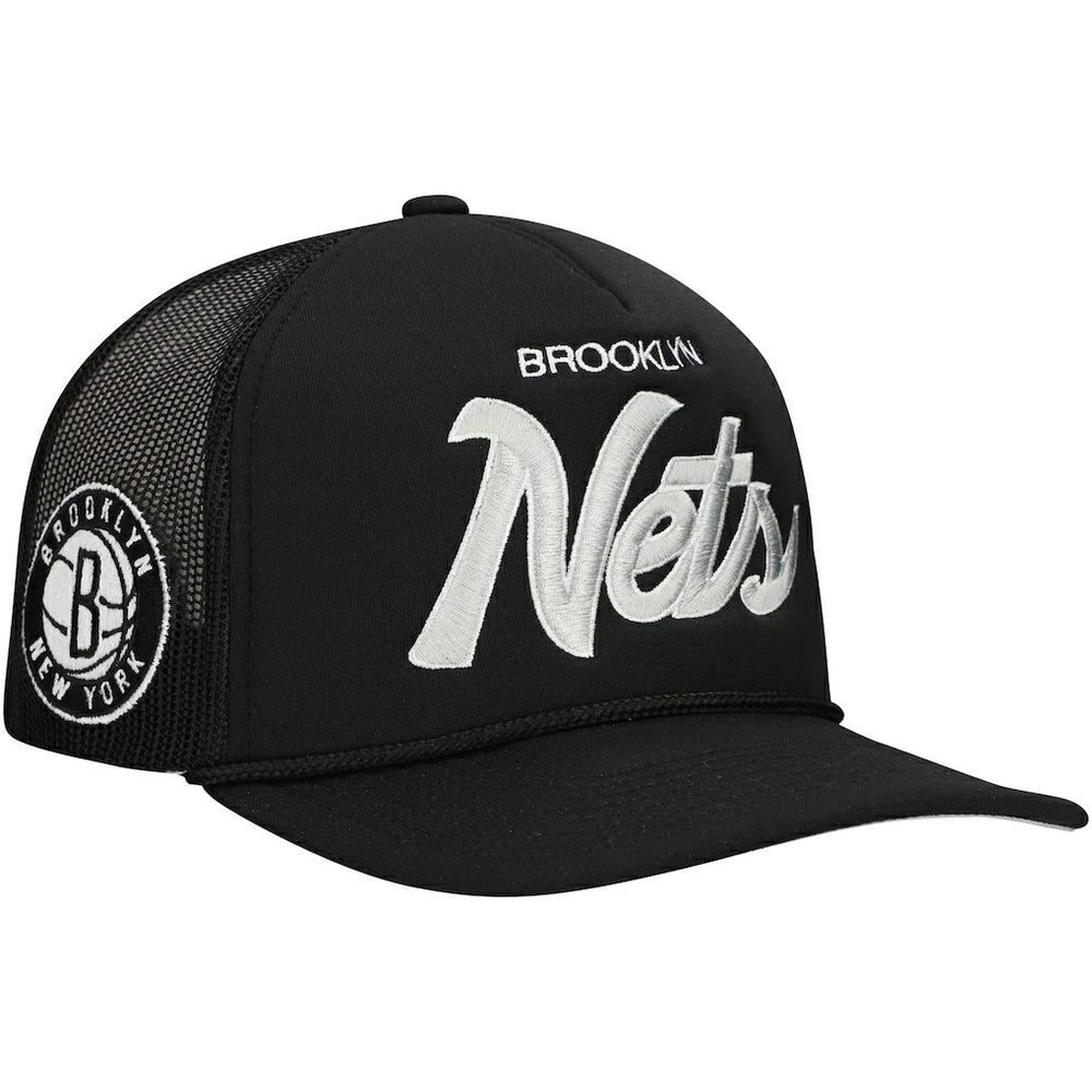 Brooklyn Nets Script Trucker Adjustable Hat Black | Mitchell & Ness outlet
