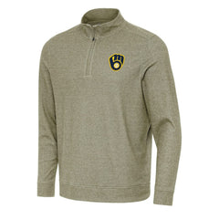 Milwaukee Brewers Antigua Subtle Quarter-Zip Sweatshirt - Heather Olive - MLB Lifestyle