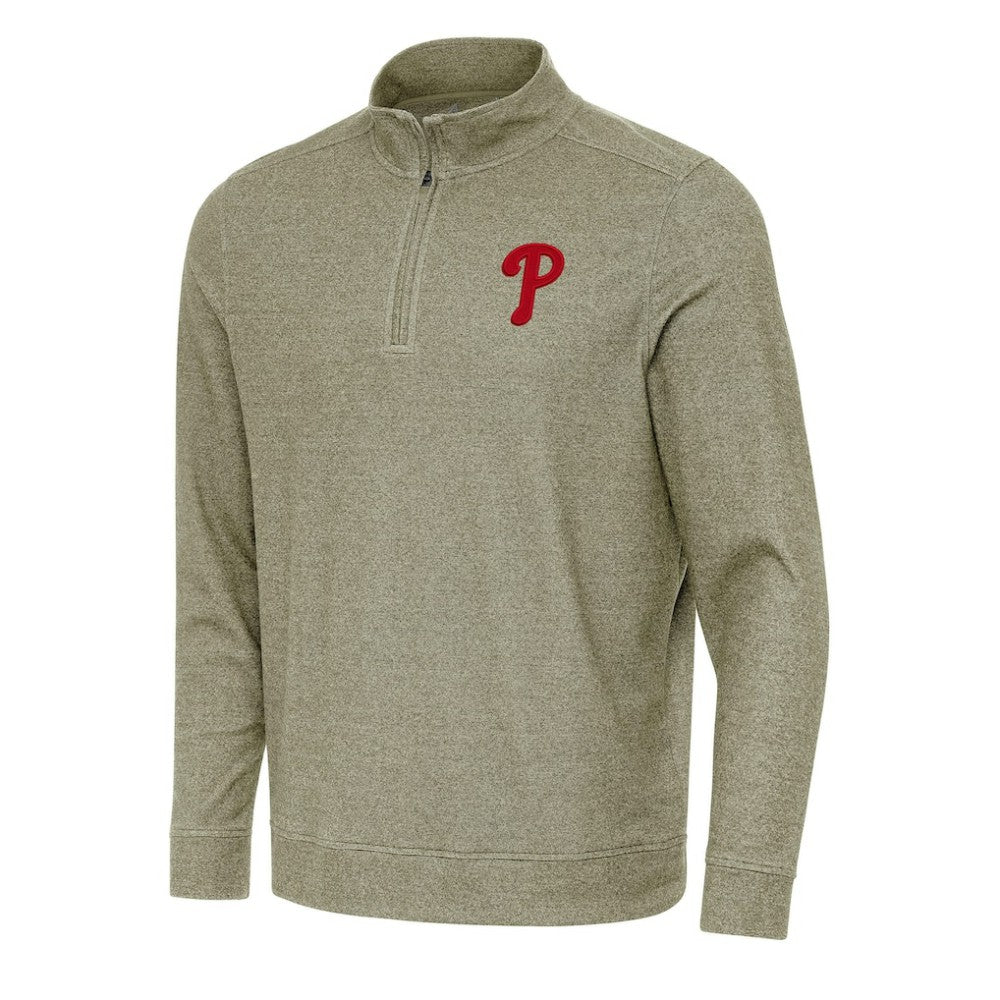 Philadelphia Phillies Antigua Subtle Quarter-Zip Sweatshirt - Heather Olive - MLB Sale