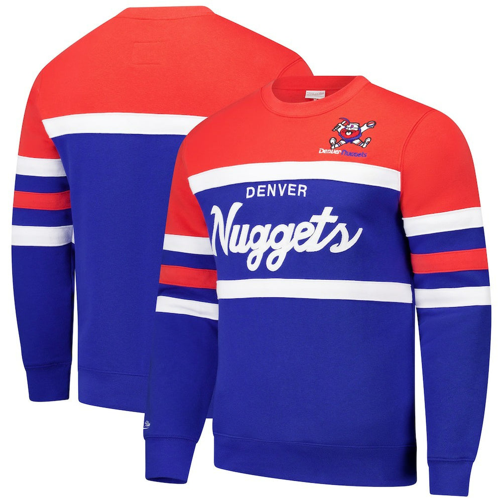 Denver Nuggets Hardwood Classics Vintage Logo Head Coach Pullover Sweatshirt for sale Royal/Red | Mitchell & Ness discount