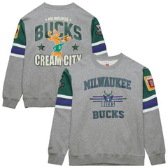 Milwaukee Bucks Hardwood Classics All Over 4.0 Pullover Sweatshirt Heather Gray | Mitchell & Ness