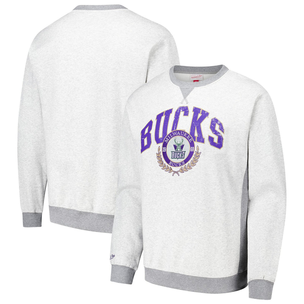 Milwaukee Bucks Vintage Logo Pullover Sweatshirt Heather Gray | Mitchell & Ness Lifestyle